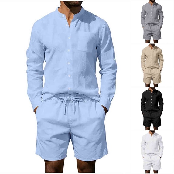 BVOFAR Men's 2 Piece Set Long Sleeve Button Down Shirts Matching Drawstring Shorts Casual Summer Lounge Sets Vacation Travel Outfits Dark Gray XXXL