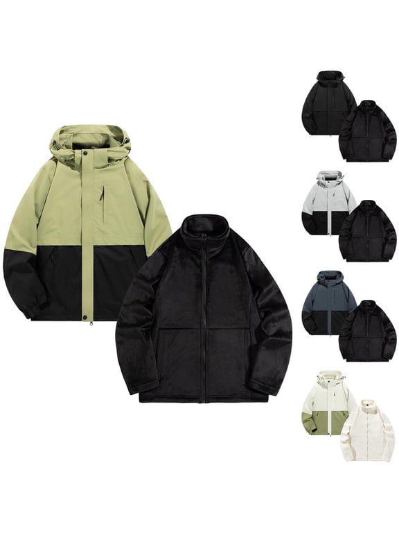 Men's 3 in 1 Waterproof Jacket with Removable Fleece Liner Color Block Hooded Windbreaker Winter Thermal Insulated Outdoor Hiking Ski Coat with Multi Zipper Pockets Black L