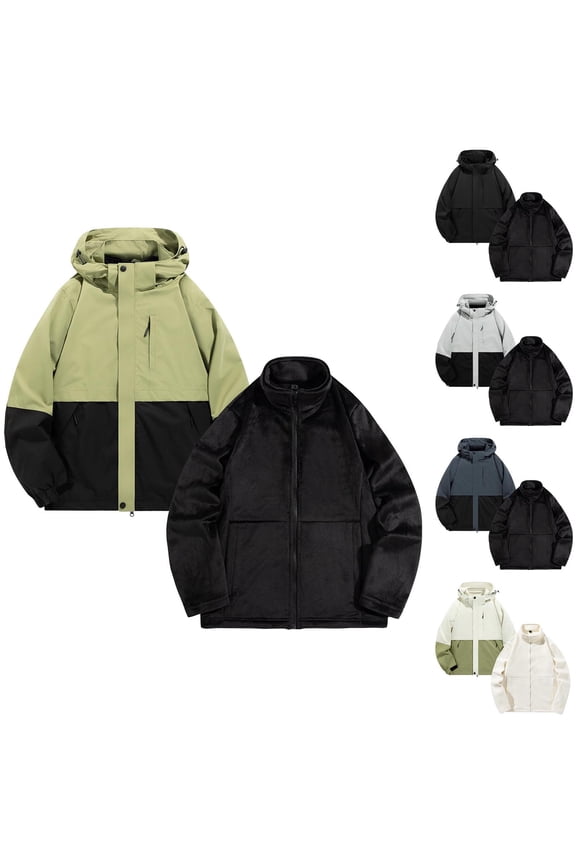 Men's 3 in 1 Waterproof Jacket with Removable Fleece Liner Color Block Hooded Windbreaker Winter Thermal Insulated Outdoor Hiking Ski Coat with Multi Zipper Pockets Dark Gray XXXXL