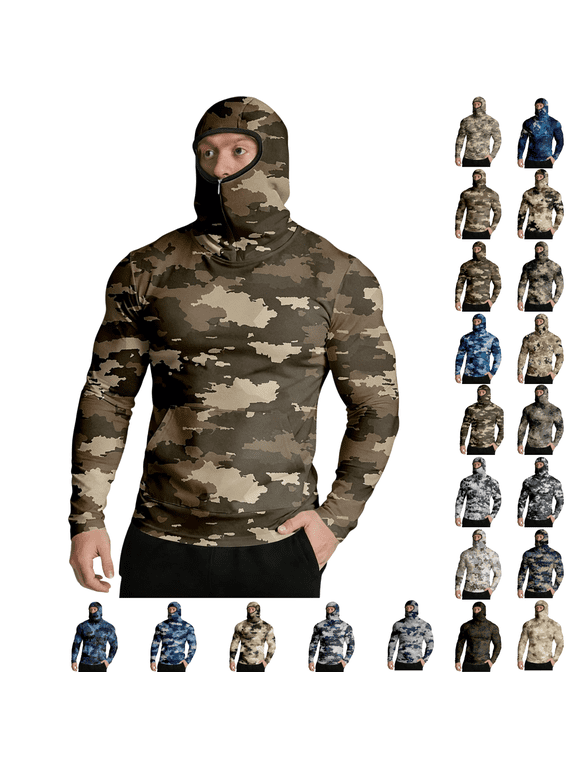 Men's Balaclava Sun Protection Shirt UPF 50+ Hooded Long Sleeve Rash Guard Quick Dry UV Shield for Cycling Camping and Hunting Camouflage XL