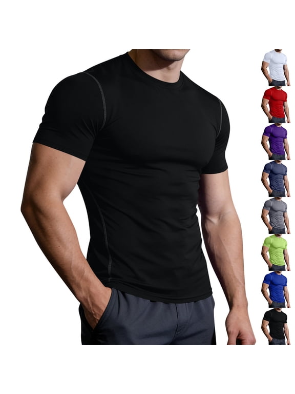 Men's Compression Shirts Short Sleeve Workout Gym T-Shirt Quick Dry Running Tops Sports Base Layer Athletic Undershirts Black M