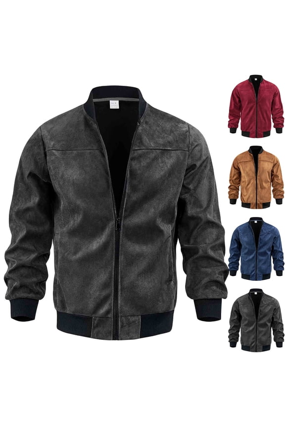 Men's Faux Suede Bomber Jacket Vintage Full Zip up Jackets Varsity Vintage Smart Casual Outerwear with Pockets Navy L