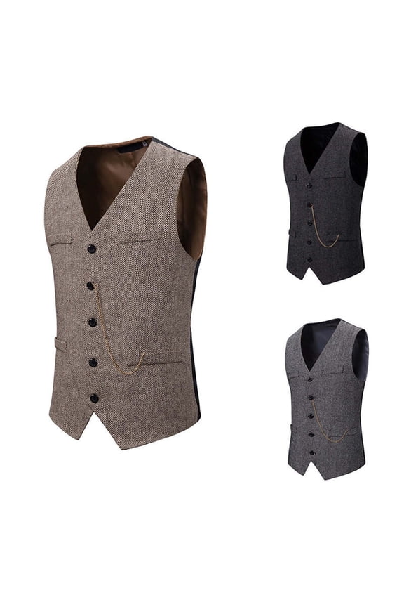 Men's Herringbone Suit Vests Vintage Tweed Wool Blend Waistcoats Formal Groomsmen Prom Wedding Outfits Coffee XL