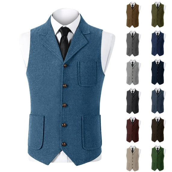 BVOFAR Men's Herringbone Tweed Suit Vest Business Formal Wool Blend Waistcoats Slim Fit Tuxedos Vests for Wedding Prom Black L