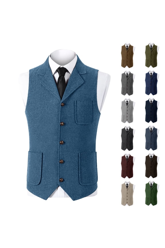 Men's Herringbone Tweed Suit Vest Business Formal Wool Blend Waistcoats Slim Fit Tuxedos Vests for Wedding Prom Khaki L