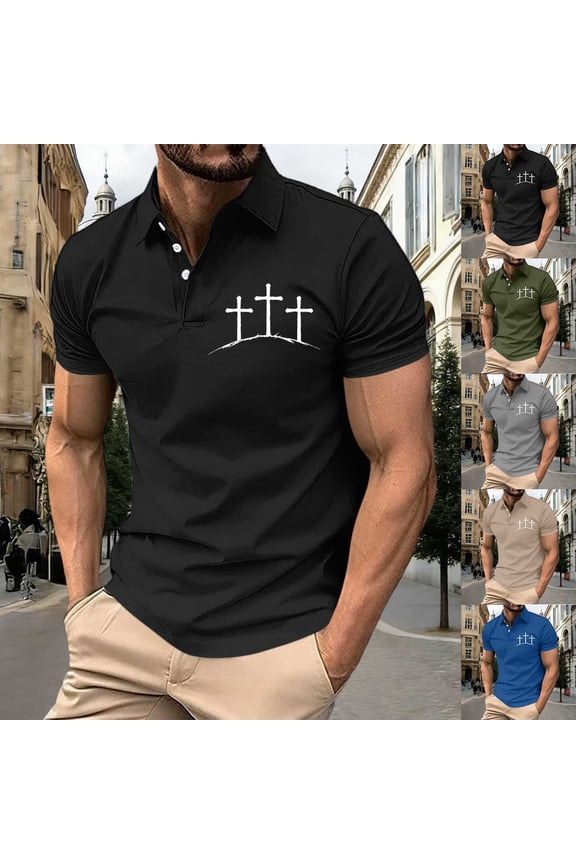 Men's Jesus Cross Golf Shirt Short Sleeve Graphic Tees Vintage Printed Crew Neck T-Shirt Christian Religious Shirts Army Green M