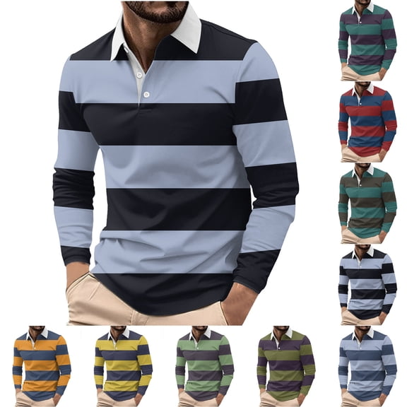 BVOFAR Men's Polos Shirts Classic Fit Collared Golf Shirts Long Sleeve Rugby Shirt Lightweight Color Block Polos Spring Fall Tops Yellow M