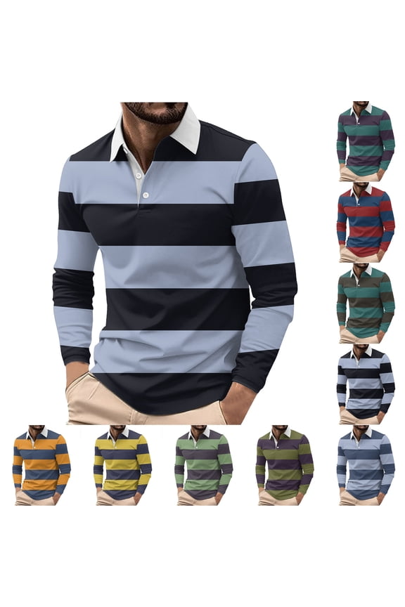 Men's Polos Shirts Classic Fit Collared Golf Shirts Long Sleeve Rugby Shirt Lightweight Color Block Polos Spring Fall Tops Yellow M