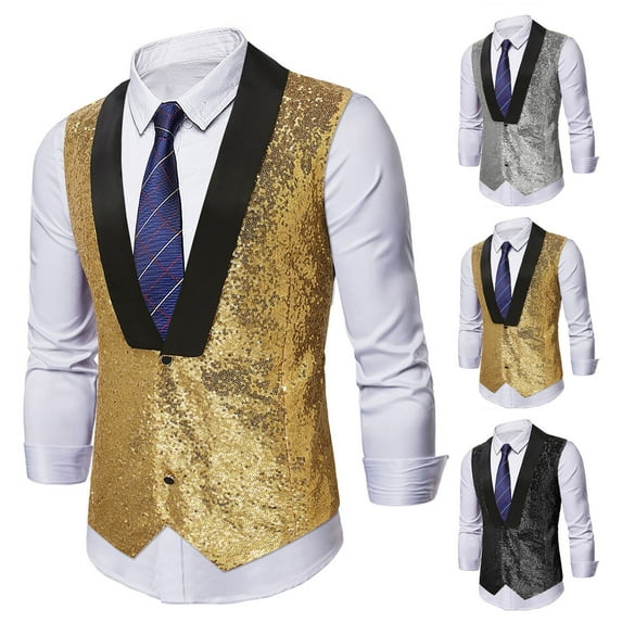 BVOFAR Men's Shiny Sequin Vest Formal V-Neck Dress Vests Prom Wedding Party Tuxedo Slim Fit Waistcoats Black S