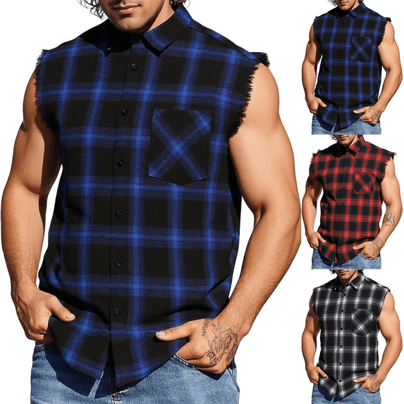 BVOFAR Men's Sleeveless Flannel Shirts Vintage Plaid Button Down Vest Shirt Summer Casual Ripped Distressed Vests Hip Hop Tank Tops Blue L