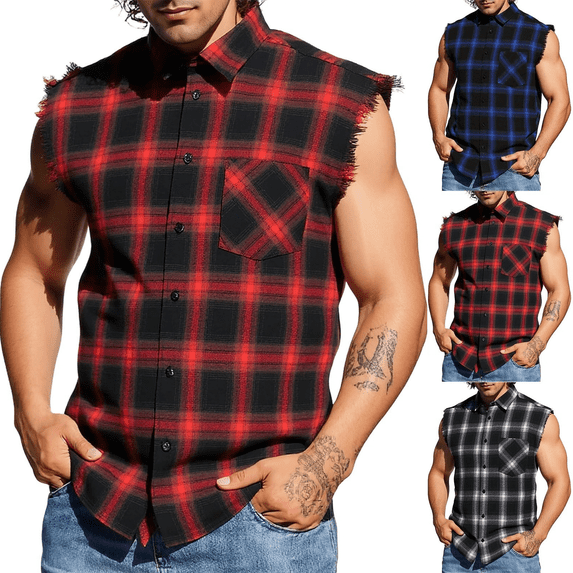 BVOFAR Men's Sleeveless Flannel Shirts Vintage Plaid Button Down Vest Shirt Summer Casual Ripped Distressed Vests Hip Hop Tank Tops Red L