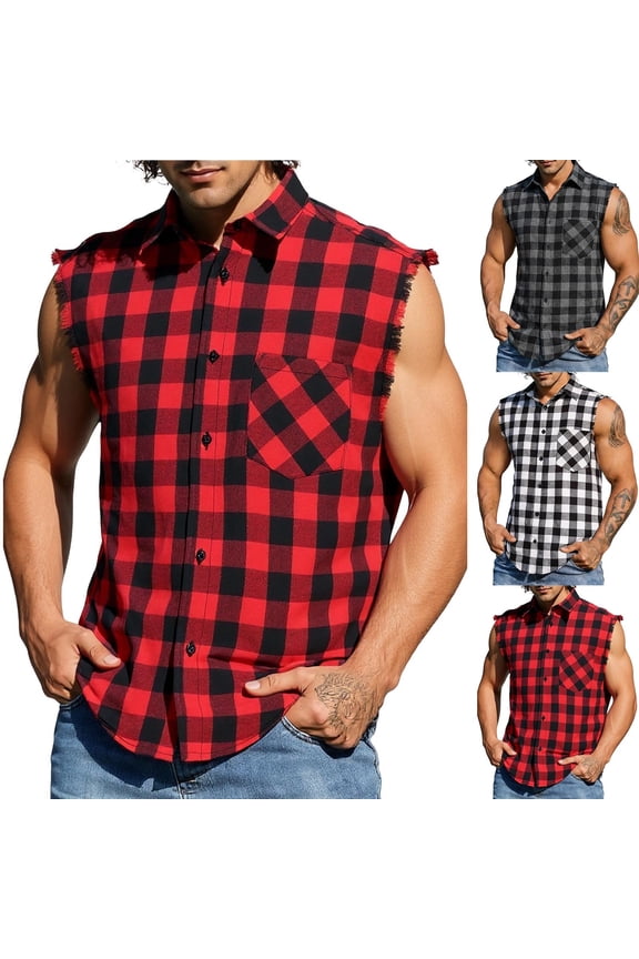 Men's Sleeveless Flannel Shirts Vintage Plaid Button Down Vest Shirt Summer Casual Ripped Distressed Vests Hip Hop Tank Tops Red M