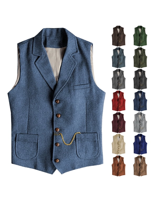 Men's Tweed Suit Vest Herringbone Wool Blend Waistcoats Retro Button Up V Neck Vests Wedding Groomsman Waistcoat Blue L