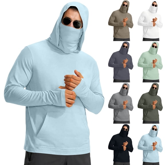 BVOFAR Men's UPF 50+ Sun Protection Hoodies with Full Face Mask Long Sleeve Quick Dry Fishing Shirt Balaclava-Style UV Blocking Rash Guard for Outdoor Sports Green M