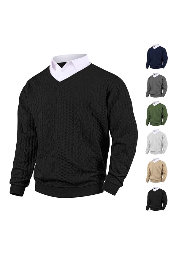 Men's V Neck Sweater Cable Knit Sweaters Mock Two Piece Fake Collar Long Sleeve Pullover Tops for Fall Winter Business Casual Navy XL