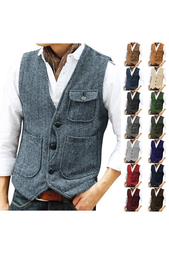 Men's Vests Herringbone Tweed Suit Vest V Neck Dress Waistcoats Business Casual Vests with Pockets Wedding Guest Tops Office Workwear Wine XS