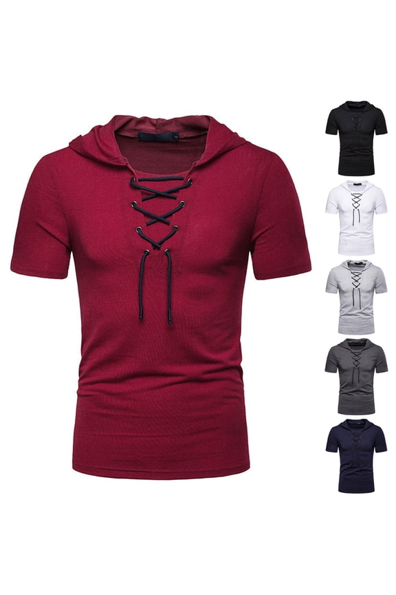 Men's Vintage Design T Shirts Short Sleeve Lace Up Shirts Hooded Renaissance Shirts Medieval Viking Hippie Pirate Costume Wine M