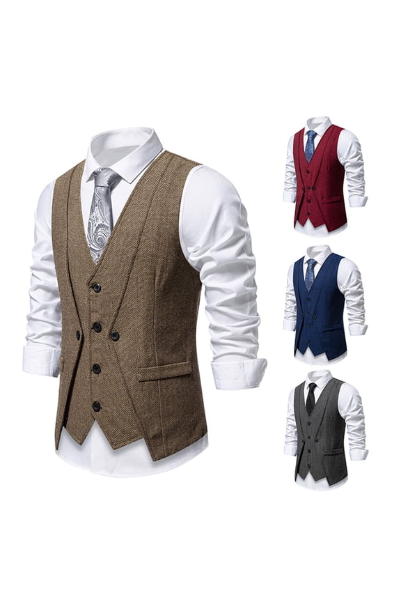 Men's Vintage Tweed Suit Vest Herringbone Wool Blend Vests Business Causal V Neck Waistcoats Prom Wedding Waistcoat Dark Gray XXL