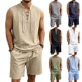 thumbnail image 1 of BVOFAR Mens 2 Piece Outfits Summer Casual Short Sets Comfy Lace Up Hippie Tank Tops and Drawstring Shorts Renaissance Medieval Tunic Beach Vacation 2 Piece Sets Navy M, 1 of 9