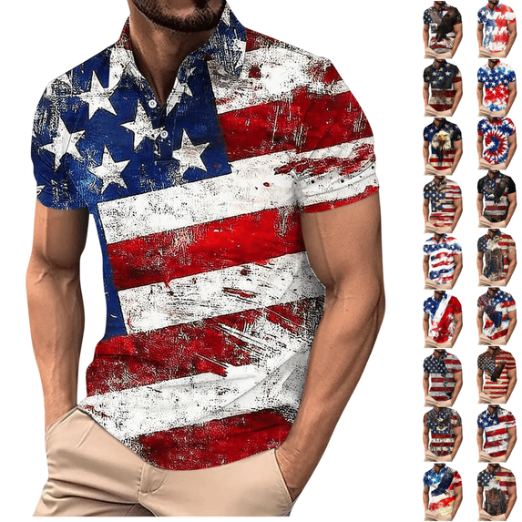 BVOFAR Mens 4th of July Shirt Summer Patriotic American Flag Graphic Tees Casual Lapel Button Up Shirts Vintage Short Sleeve T Shirt Blue L