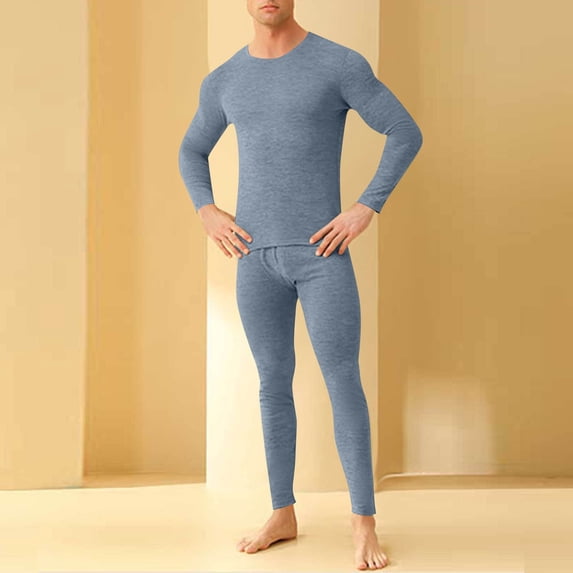 BVOFAR Mens Big and Tall Thermal Underwear Wool Blend Base Layer 2 Piece Long Johns Set for Cold Weather Hunting Blue XXL