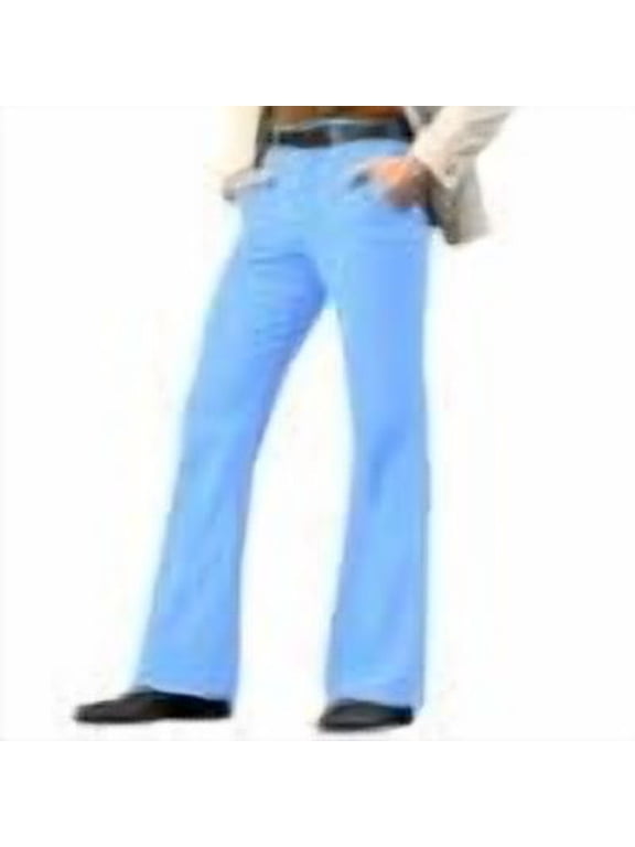 Mens Bootcut Chino Pants High Waisted Cowboy Pant Vintage 70s 80s Disco Trousers with Pockets Bell Bottom Flat Front Dressy Trouser Light Blue L