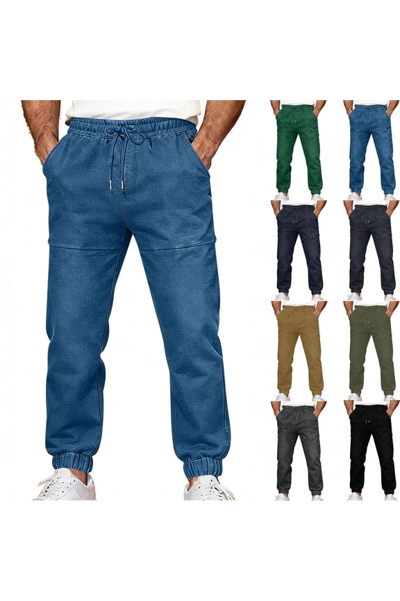 Mens Casual Pants Stretchy Elastic Waist Pull On Fake Jean Pant Loose Drawstring Wide Leg Dress Trousers with Pockets Lightweight Tapered Trouser Green L