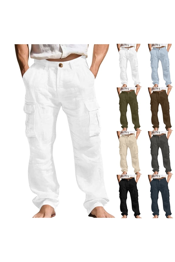 Mens Cotton Linen Pants Casual Loose Summer Beach Pant Lightweight Wide Leg Flat Front Work Trousers with Pockets Dark Gray XL