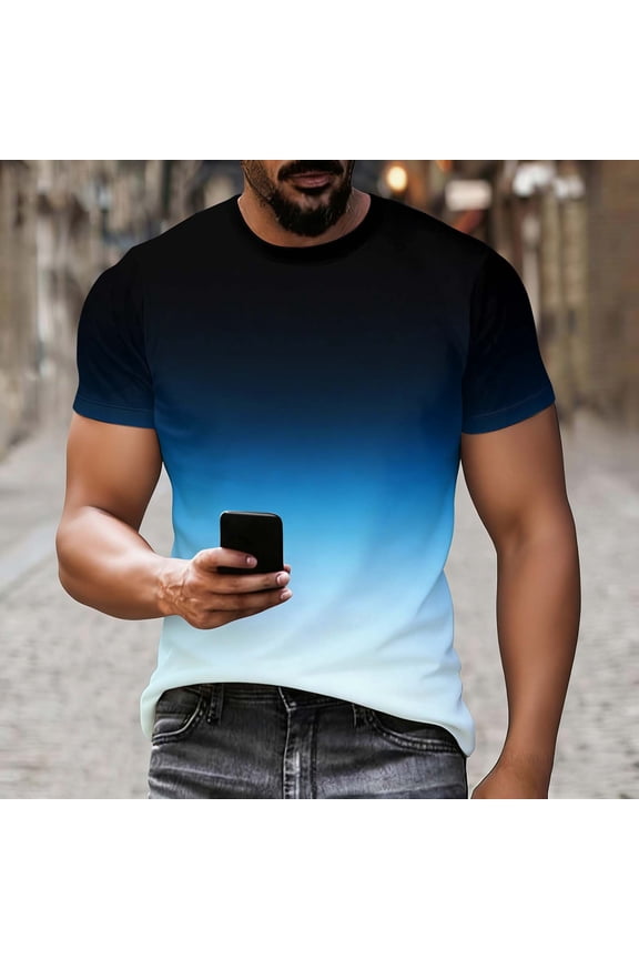 Mens Crewneck T-Shirts Short Sleeve Classic Fit Undershirts Gradient Moisture Wicking A-Shirt Blue XL