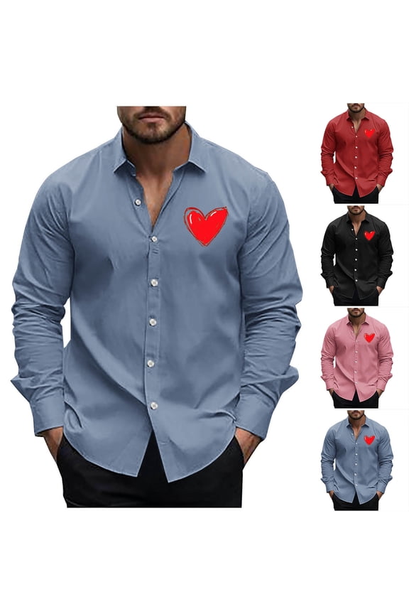 Mens Dress Shirts Heart Print Button Down Shirt Casual Long Sleeve Collared Blouses Valentines Day Shirt