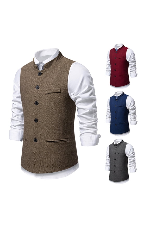 Mens Herringbone Vests Tweed Suit Waistcoats Slim Fit High Collar Business Tank Tops
