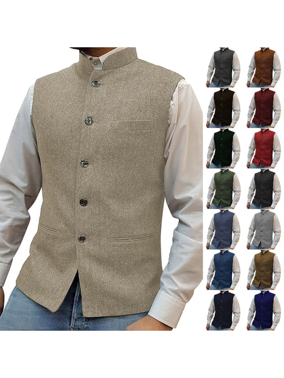Mens Herringbone Wool Blend Vest Suit Business Tweed High Collar Waistcoats Slim Fit Button Up Vests Office Work Tops for Banquet Prom Khaki L