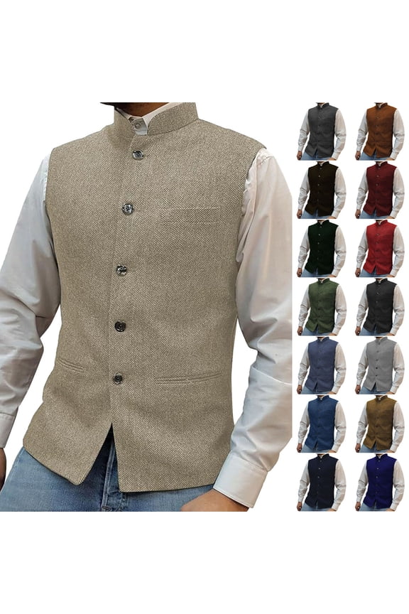Mens Herringbone Wool Blend Vest Suit Business Tweed High Collar Waistcoats Slim Fit Button Up Vests Office Work Tops for Banquet Prom Navy S