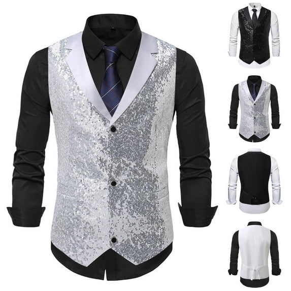 BVOFAR Mens Sequin Vests Shiny Formal V Neck Shiny Waistcoats Tuxedo Dinner Prom Vest Silver L