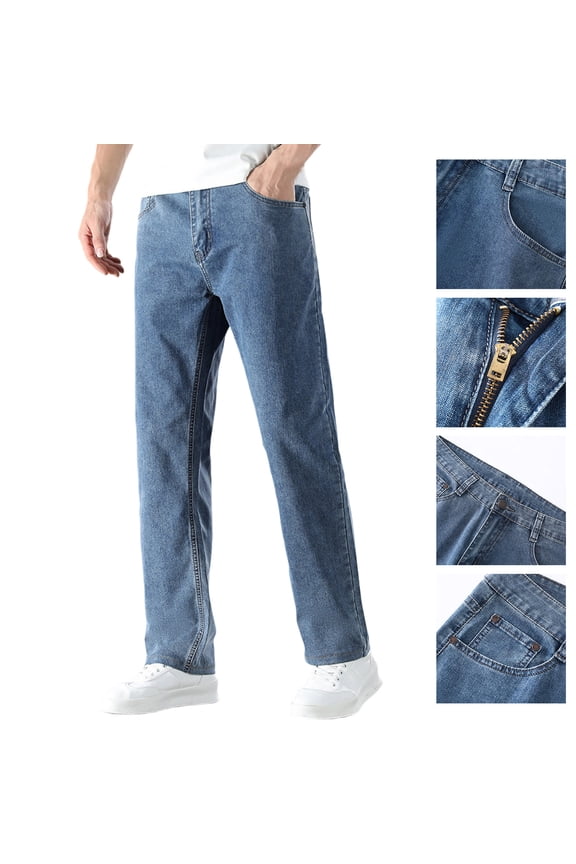 Mens Straight Leg Jeans Stretch Baggy Denim Pants Classic Fit Flat Front Casual Trousers 90s Hip Hop Streetwear Navy L