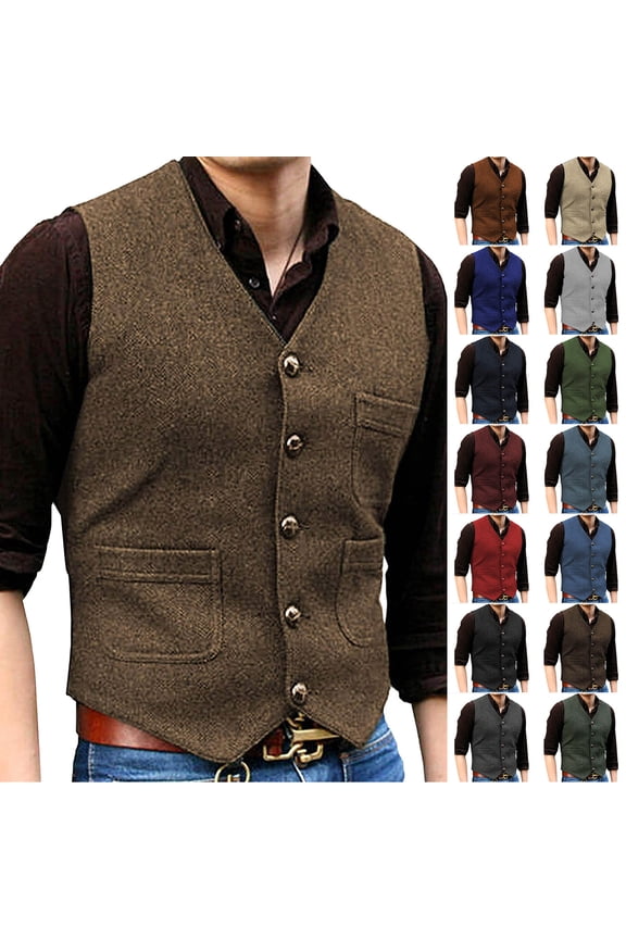 Mens Suit Vest Retro Herringbone Tweed Waistcoat Formal Wool Blend V Neck Vests Banquet Prom Dress Waistcoats Navy XXXL