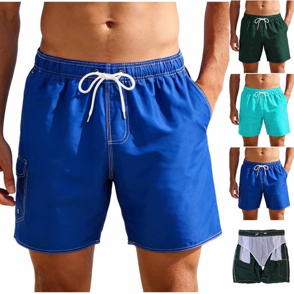 BVOFAR Mens Swim Trunks 7 Inch Quick Dry Swim Shorts with Mesh Lining Drawstring Solid Swimsuits with Multi-Pockets Hawaiian Beach Surfing Shorts Blue L