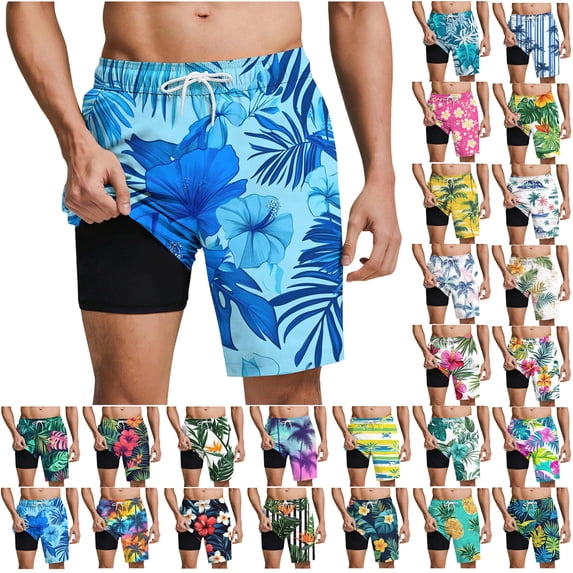 BVOFAR Mens Swim Trunks 9 Inch Tropical Print Swimming Shorts with Compression Liner Quick Dry Elastic Waist Board Shorts with Pockets Green S