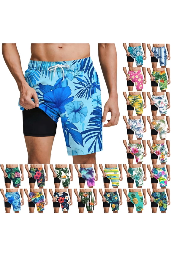 Mens Swim Trunks with Compression Liner 2 in 1 Board Shorts 9 Inch Quick Dry Swimming Trunk with Pockets Blue L