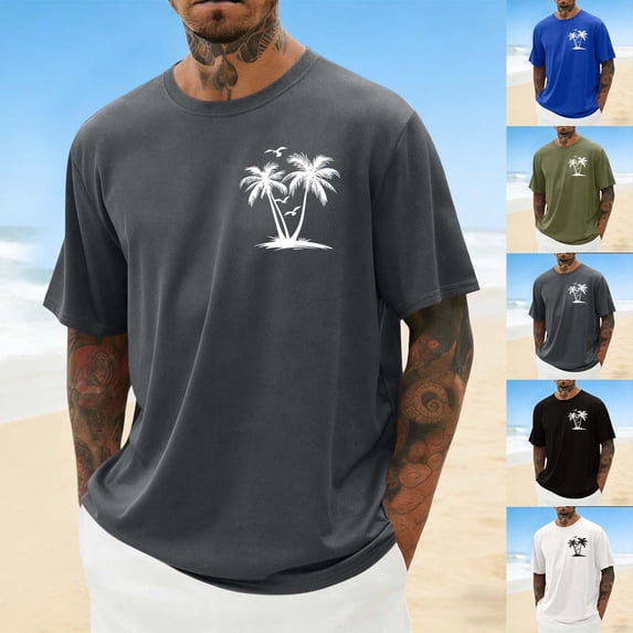 BVOFAR Mens T-Shirts Short Sleeve Crew Neck Shirts Loose Fit Tops Palm Tree Graphic Tee Shirts Casual Summer Top White L