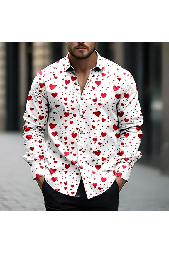 Mens Valentines Day Dress Shirts Loose Fit Button Down Shirt Long Sleeve Heart Graphic Blouses Candlelight Dinner Date Shirts