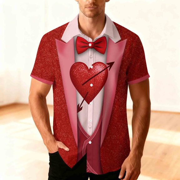 BVOFAR Mens Valentines Shirt Short Sleeve Heart Graphic T Shirts Tuxedo Bow Tie Printed Button Down Blouses Hawaii Beach Shirt