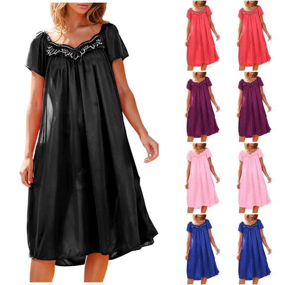 BVOFAR Nightgowns for Women Lace Short Sleeve Sleep Dresses Casual Cooling Pajamas Soft Sleepwear Floral Pleated Night Dresses Moomoo House Dress for Older Woman Pink Free Size
