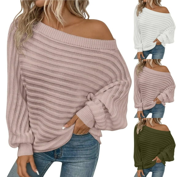 BVOFAR Off the Shoulder Sweater for Women Oversized Batwing Long Sleeve Tops Textured Knit One Shoulder Pullover Fall Winter Sweaters