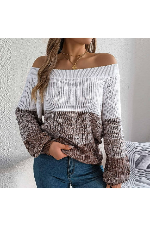 Off the Shoulder for Women Oversized Lantern Long Sleeve Knitted Pullover Fashion Striped Lightweight Jumpers Fall Travel Tops