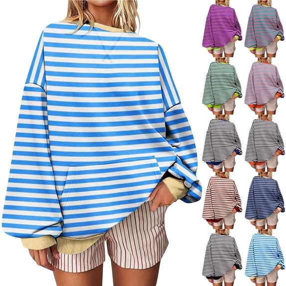 BVOFAR Oversized Striped Sweatshirts Women Long Sleeve Cute Crewneck Sweatshirt Trendy Color Block Pullover Tops Casual Loose Workout Shirt Pink XXL