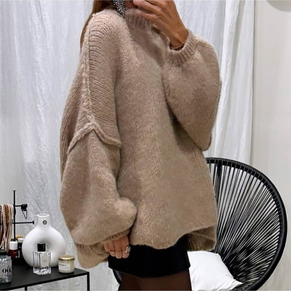 BVOFAR Oversized Sweaters for Women Chunky Lantern Long Sleeve Knitted Tops Fluffy Batwing Sleeve Mock Neck Pullover Cozy Solid Color Winter Warm Jumpers