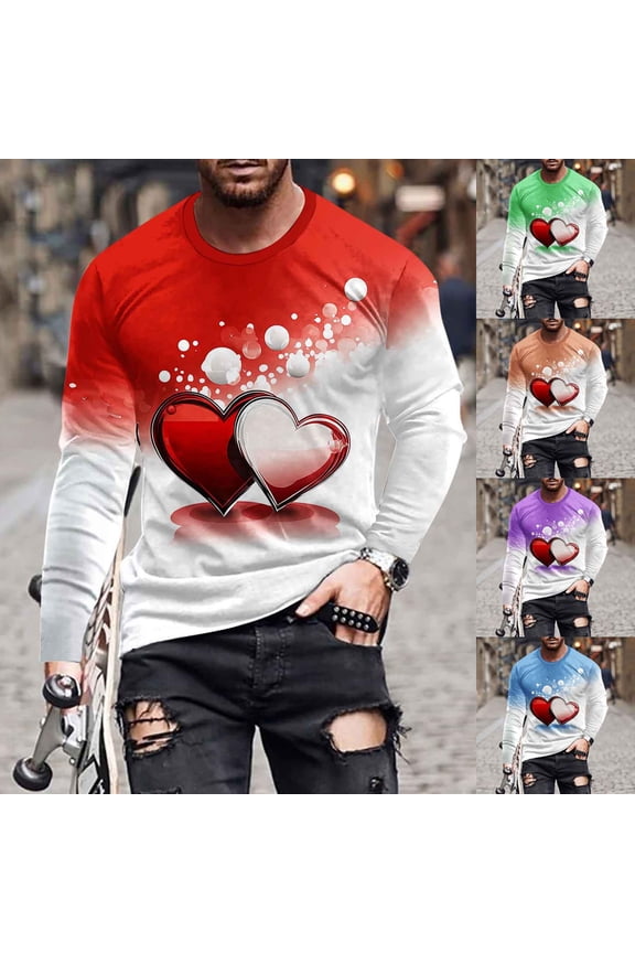 Oversized Sweatshirts for Men Long Sleeve Heart Graphic Shirts Gradient Crewneck Pullover Valentines Day Date Sweatshirt