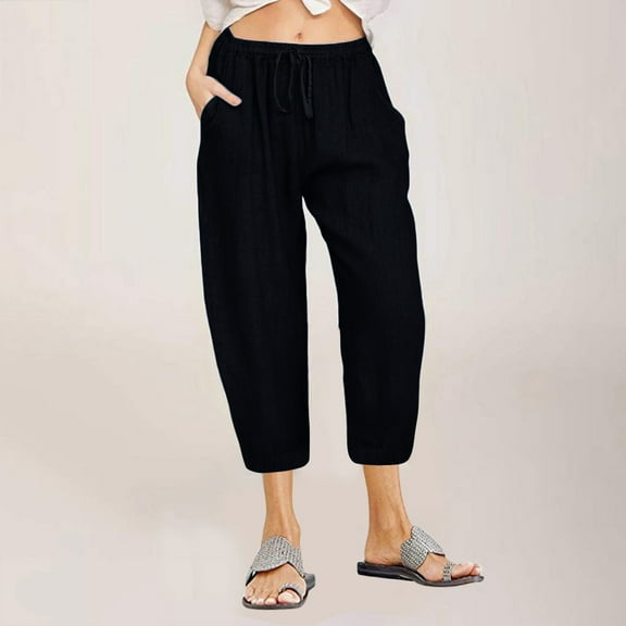 BVOFAR Pants for Women Dressy Casual Loose Fit Cropped Pants Elastic Waist Drawstring Wide Leg Capris Trousers