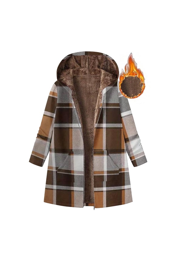 Plaid Jackets for Women Winter Warm Fleece Lined Hooded Coats Full Zip Up Sherpa Mid Length Jacket Fall Outdoor Thermal Outwear